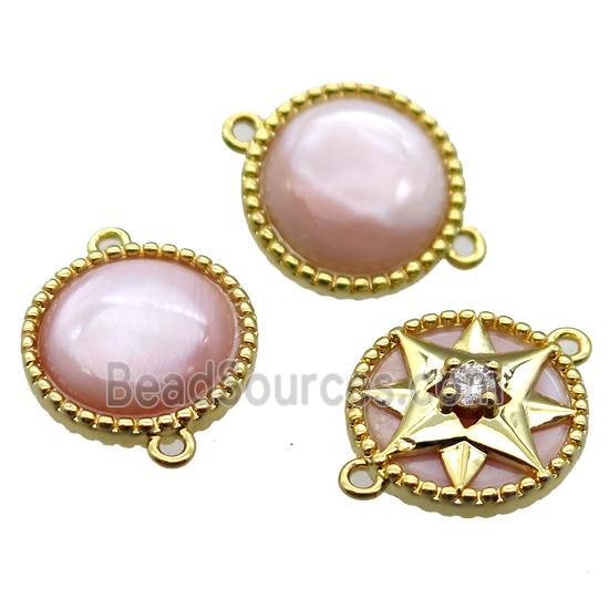 pink Queen Shell coin circle connector, gold plated