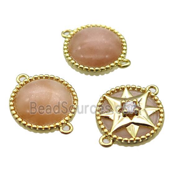 peach sunstone circle connector, gold plated