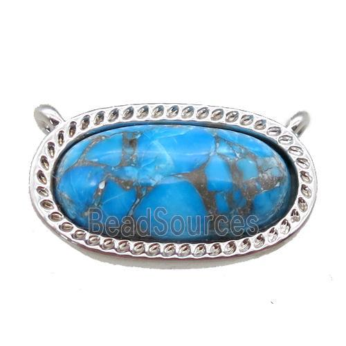 blue Turquoise pendant with 2loops, oval, platinum plated