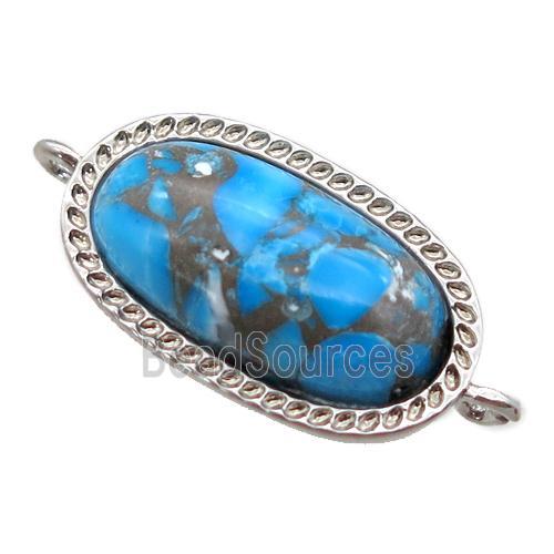 blue Turquoise connector, oval, platinum plated