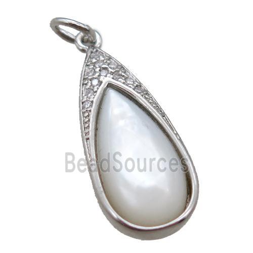 white Pearlized Shell pendant, teardrop, platinum plated