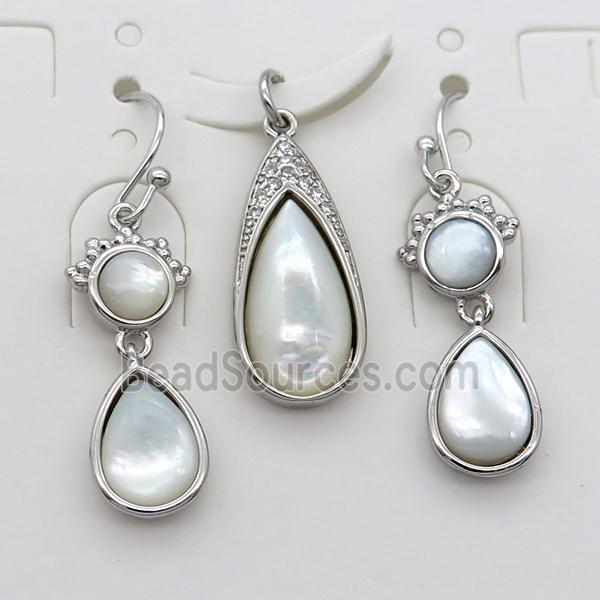 copper Hook Earrings and pendant pave zircon with white pearlized shell, platinum plated