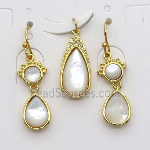 copper Hook Earrings and pendant pave zircon with white pearlized shell, gold plated