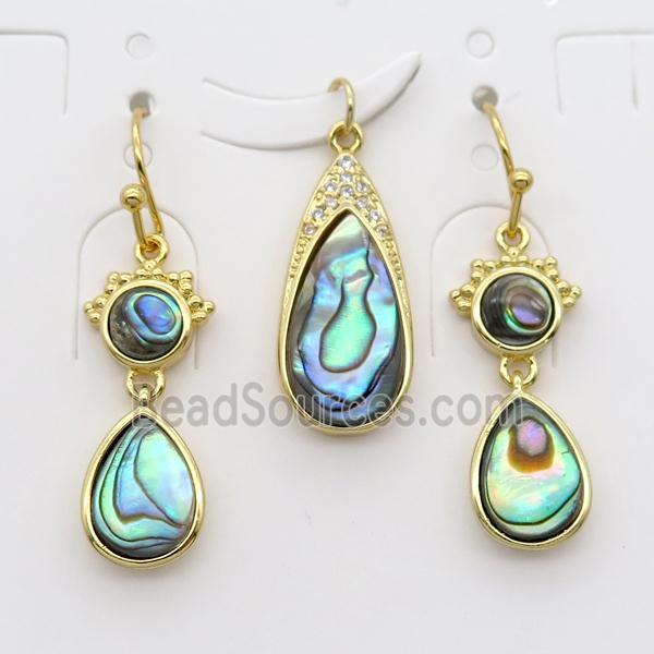 copper Hook Earrings and pendant pave zircon with Abalone shell, gold plated