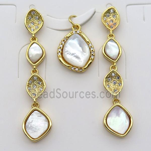 copper Stud Earrings and pendant pave zircon with Pearlized shell, gold plated