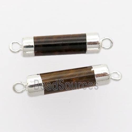 Tiger eye stone column connector, silver plated