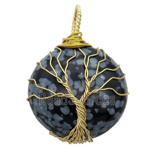 Snowflake Jasper pendant with wire wrapped, tree of life, gold plated