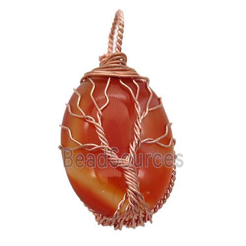 Red Carnelian Agate oval pendant with wire wrapped, tree of life, rose gold