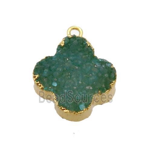 green druzy agate clover pendant, gold plated