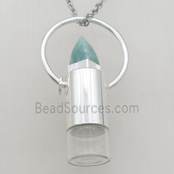 copper perfume bottle Necklace with amazonite, shinny silver plated