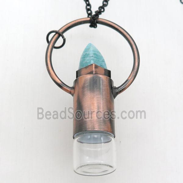 copper perfume bottle Necklace with amazonite, antique red