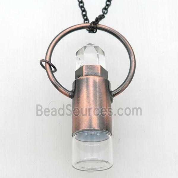 copper perfume bottle Necklace with clear quartz, antique red