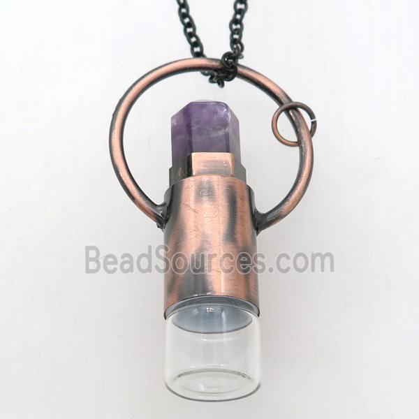 copper perfume bottle Necklace with amethyst, antique red