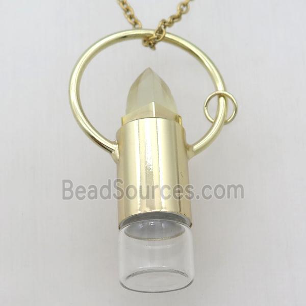 copper perfume bottle Necklace with lemon quartz, gold plated