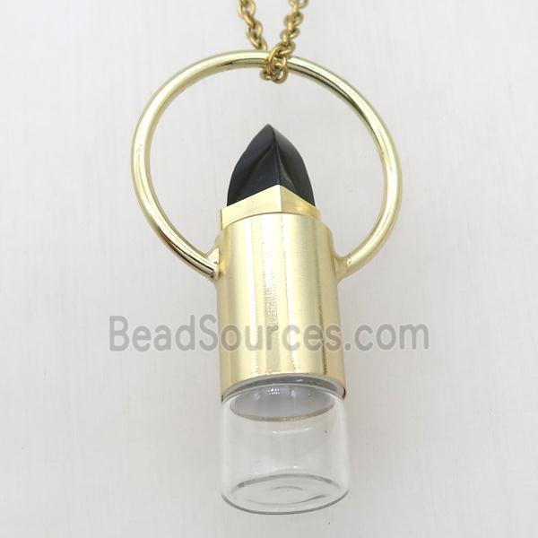 copper perfume bottle Necklace with black onyx, gold plated