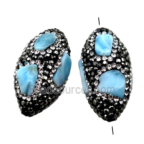 Clay barrel Beads paved black rhinestone with Larimar, rice