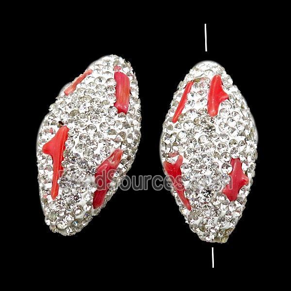 white Clay rice Beads paved rhinestone with coral