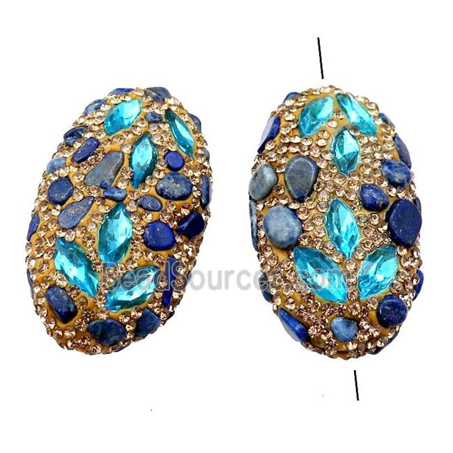 Clay oval Beads paved yellow rhinestone with blue crystal glass