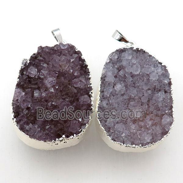 Amethyst Druzy pendant, freeform, silver plated