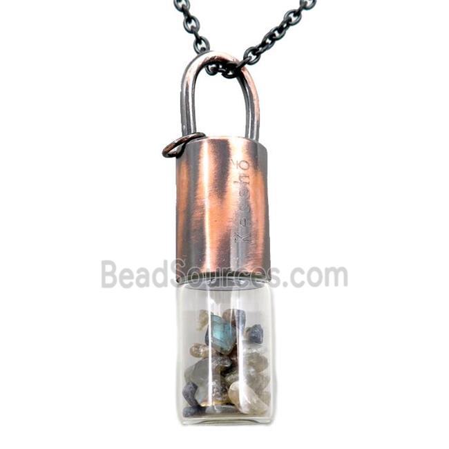 copper perfume bottle Necklace with labradorite, antique red