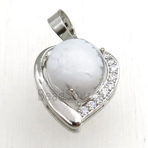 white howlite pendant paved rhinestone, heart, platinum plated