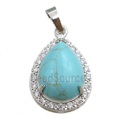 green synthetic turquoise pendant paved rhinestone, teardrop, platinum plated