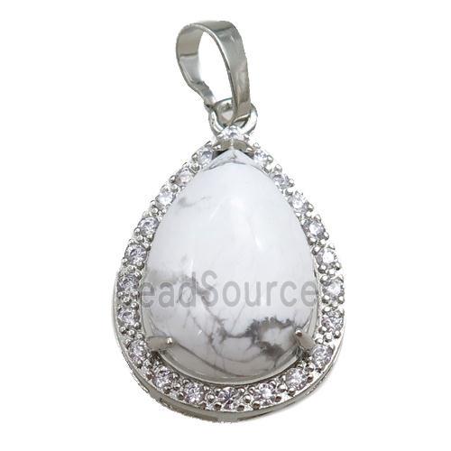 white howliste turquoise pendant paved rhinestone, teardrop, platinum plated