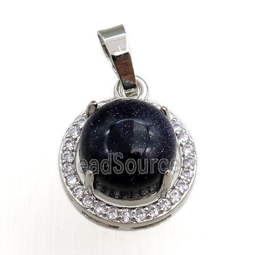 black onyx agate pendant paved rhinestone, circle, platinum plated