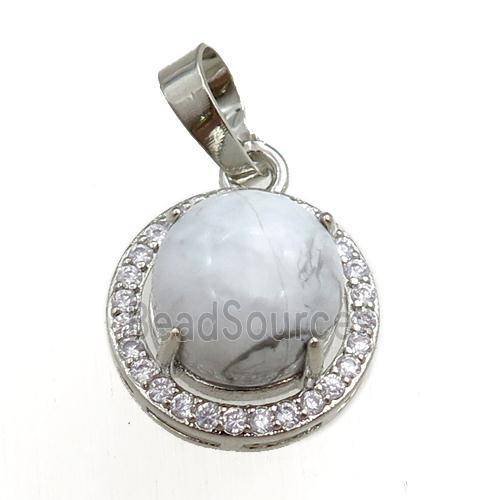 white howlite turquoise pendant paved rhinestone, circle, platinum plated