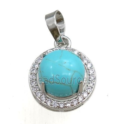 green synthetic turquoise pendant paved rhinestone, circle, platinum plated