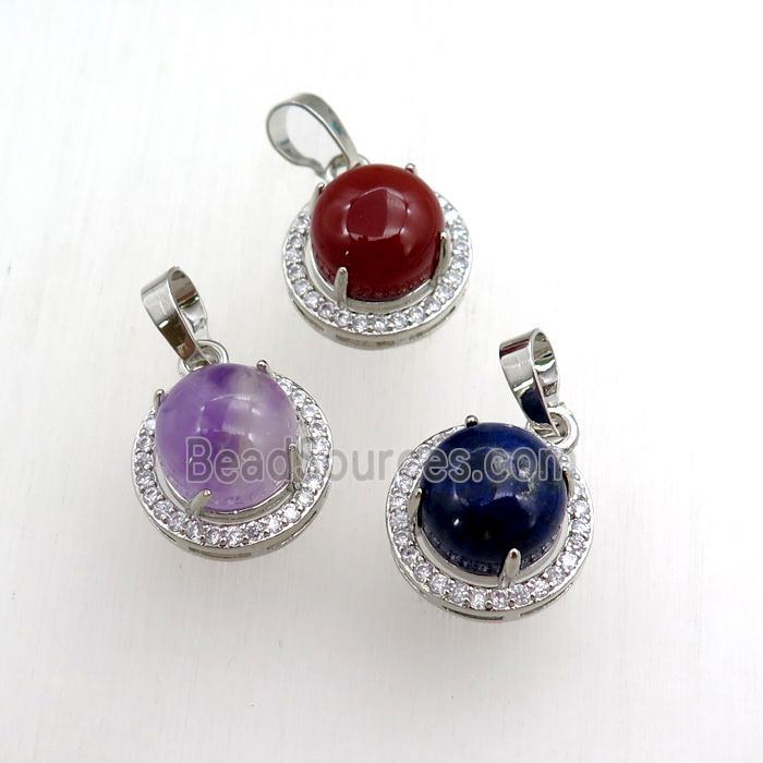 mixed gemstone pendant paved rhinestone, circle, platinum plated