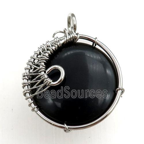 black onyx agate pendant, circle, wire wrapped