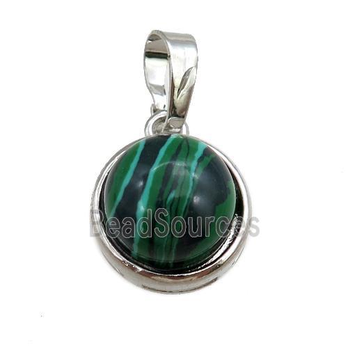 green malachite pendant, circle, platinum plated
