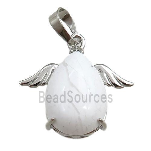 white howlite turquoise angel pendant, platinum plated