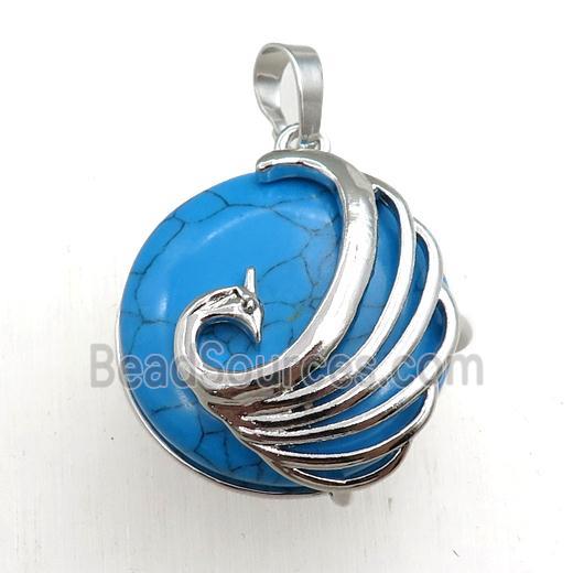 blue synthetic turquoise circle pendant with phoenix