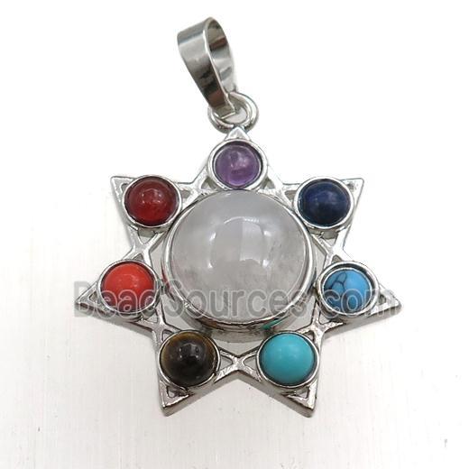 clear quartz chakra pendant, star, platinum plated