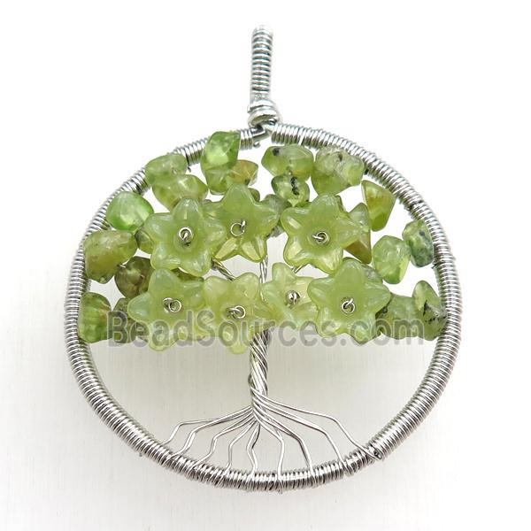 green prehnite pendant, tree of life, wire wrapped