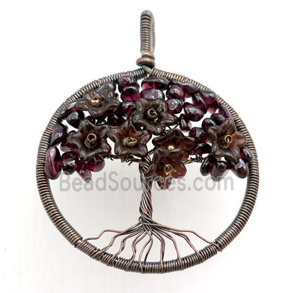 garnet pendant, tree of life, wire wrapped