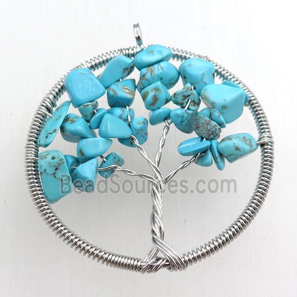 blue turquoise pendant, tree of life, wire wrapped