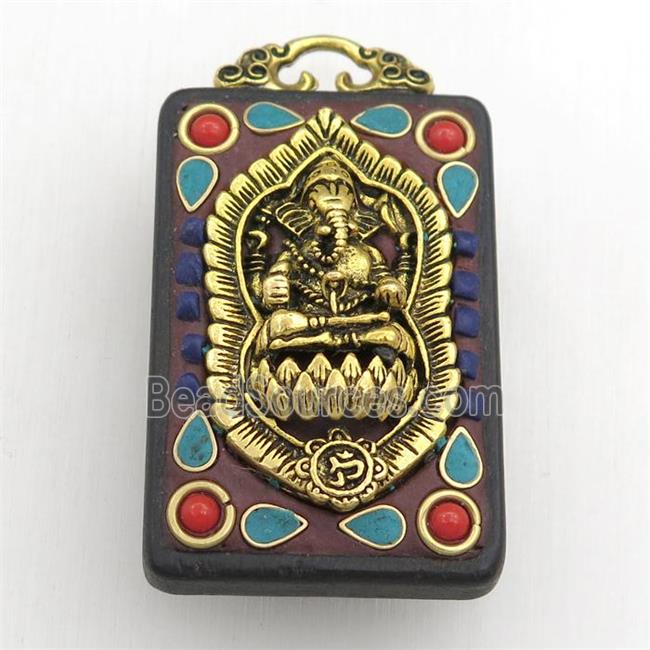 tibetan style ebony narra pendant, brass elephant, rectangle