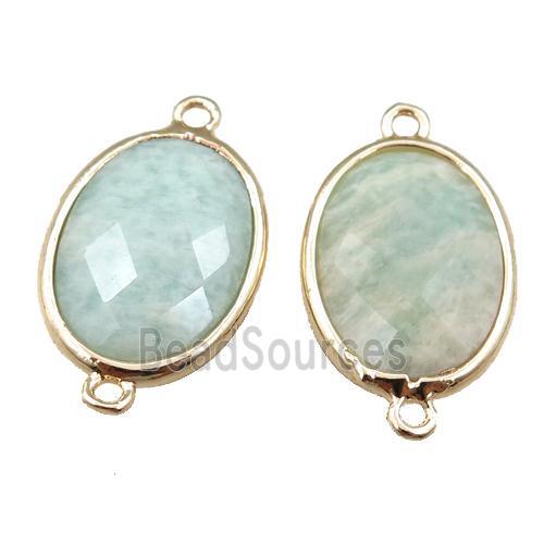 green Amazonite connector, faceted oval, gold plated