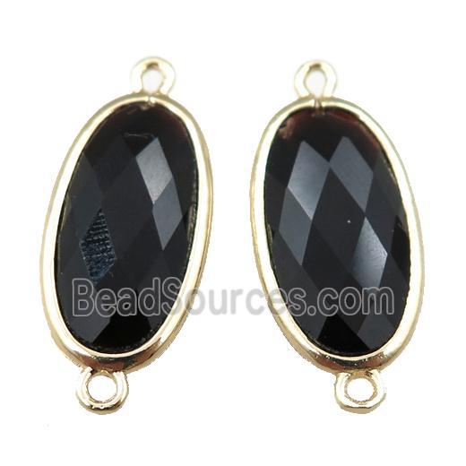 black Onyx Agate connector, faceted oval, gold plated