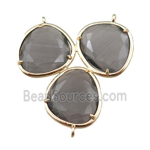 smoky cats eye stone connector with 3loops, gold plated