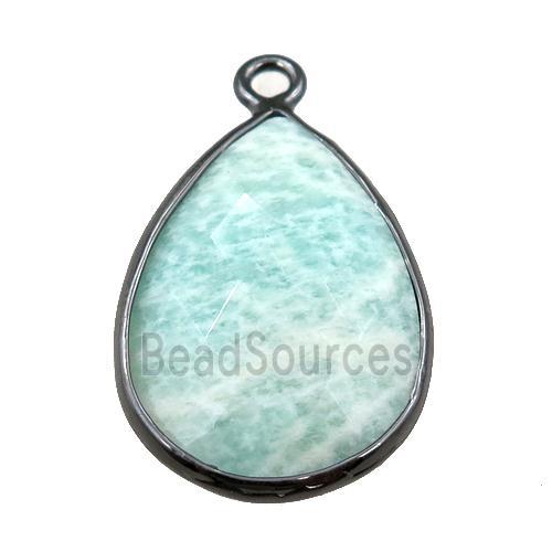 green Amazonite pendant, faceted teardrop, black plated