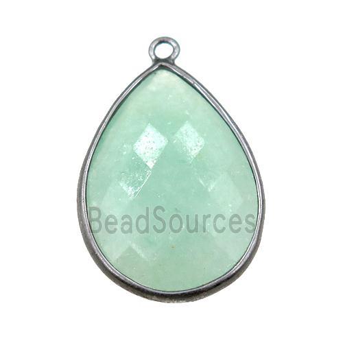 green Aventurine pendant, faceted teardrop, black plated