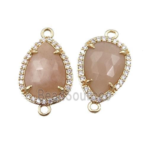 peach moonstone connector pave rhinestone, faceted teardrop