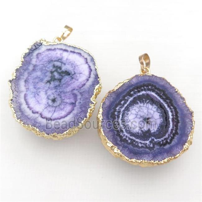 purple solar quartz druzy slice pendant, gold plated