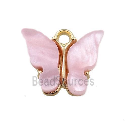 pink pearlized Glass butterfly pendant, gold plated