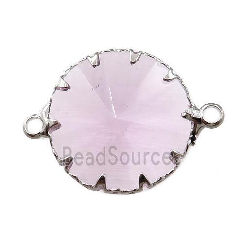 pink crystal glass circle connector, platinum plated