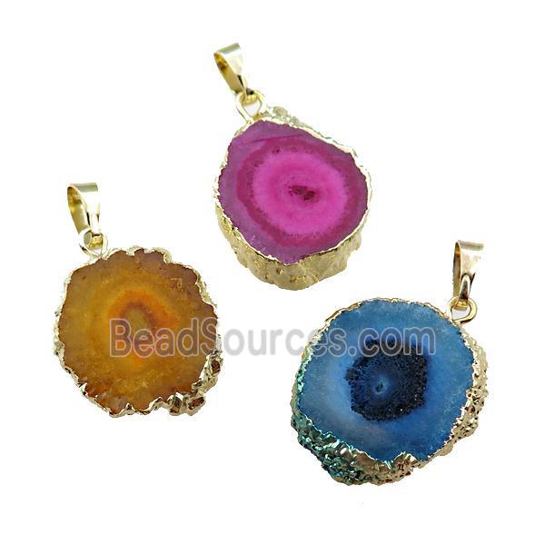 solar quartz druzy slice pendant, mixed color, gold plated